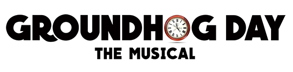 A banner with the text Groundhog Day, the Musical, the letter O in hog is replaced by a red roman numeral clock.