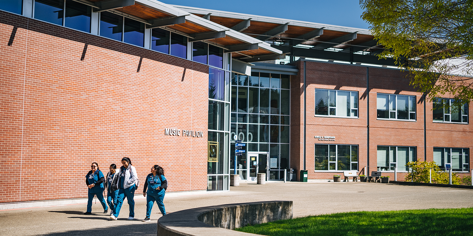 Students walking outside the Music Pavilion