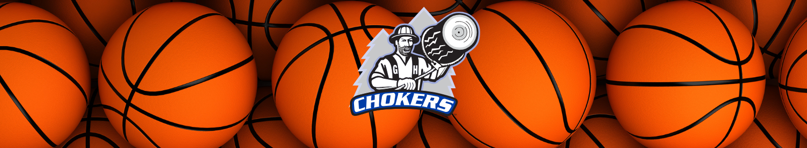 The Choker Athletics logo over a wall of 3D rendered basketballs.