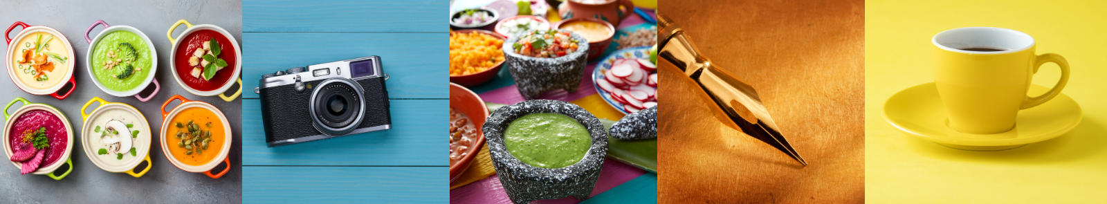 A compilation of images, in order from left to right: Bowls of various soups, a camera, a table full of traditional mexican cuisine, a dip fountain pen, and a teacup and saucer of coffee. 