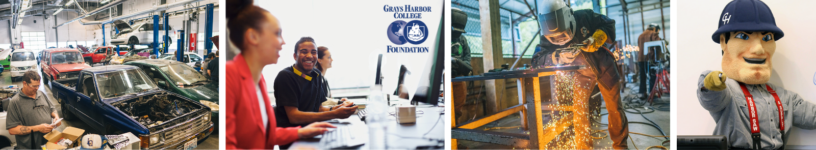 A compilation of images, from left to right: an automotic garrage, students working at a shared desk with the GHC foundation logo in the corner, a GHC student welding, and Charlie Choker pointing at the camera. 