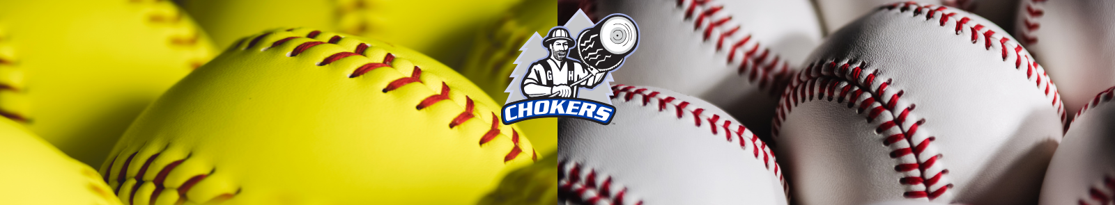 Two images of yellow softballs and white baseballs placed side by side, with the GHC Chokers logo connecting them. 